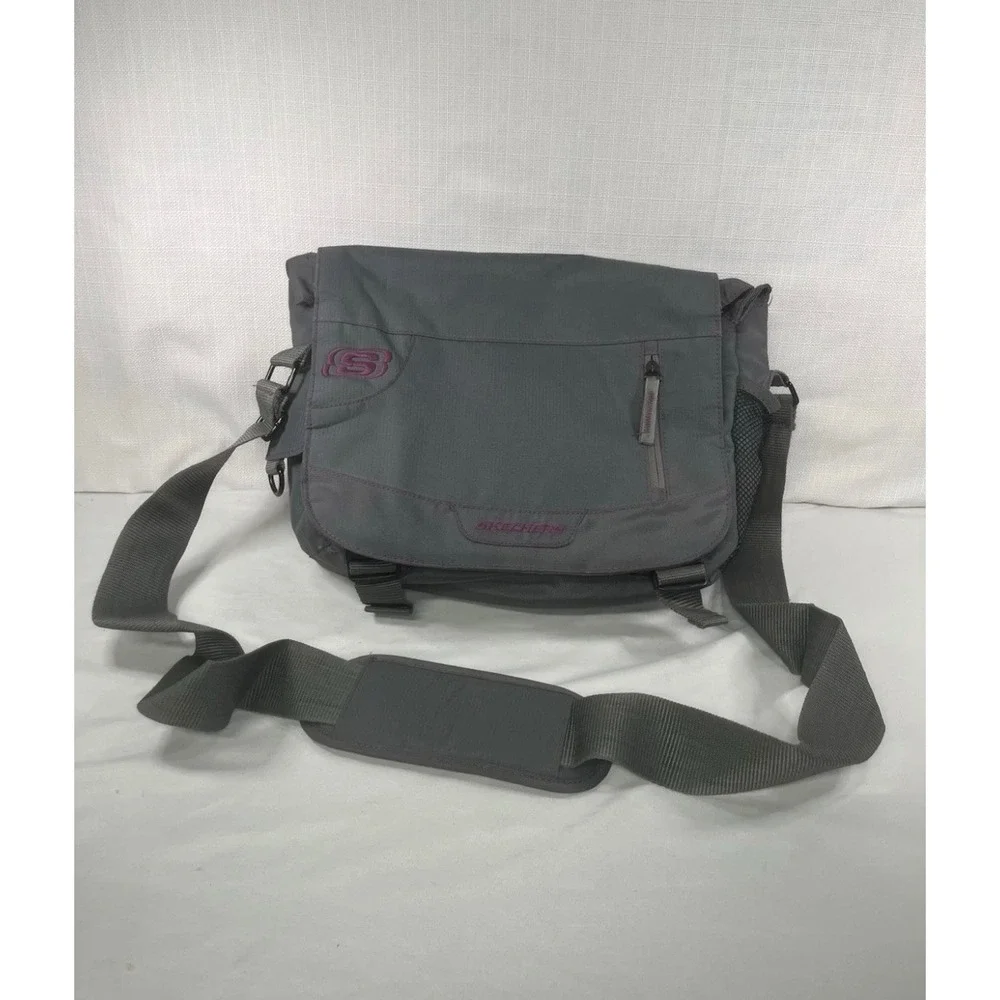 Skechers Messenger Bag Grey Purple Nylon Laptop Crossbody School Travel Bag